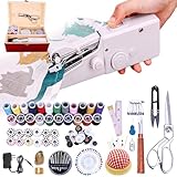 Hand Held Sewing Machine, with Red Wooden Sewing Box and 143 PCS Sewing Kit, Mini Portable Handheld Sewing Machine for Adults and Beginners, with a Power Adapter and Heavy-Duty Scissors