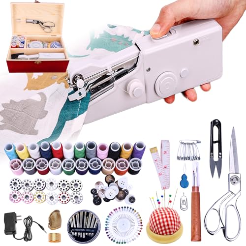 Hand Held Sewing Machine, with Red Wooden Sewing Box and