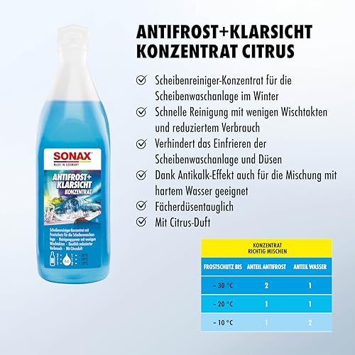 SONAX AntiFrost+KlarSicht Konzentrat (250 ml) ergibt bis zu 0,75 Liter Winter-Scheibenwaschwasser, sofort mischbereit, schlierenfrei, Antikalk-Effekt | Art-Nr. 03321000