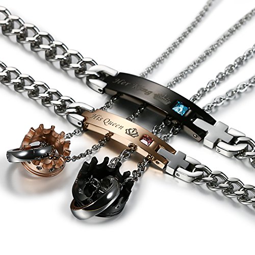 Flongo Couple Collier Il & Elle Bracelets Her Queen His King en Acier Argent Noir Or Collier Amant Guirlande Joyeux Noël Saint-Valentin Cadeau