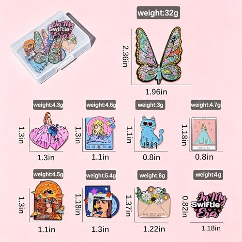 Image of 9-piece creative singer enamel pin set with storage box. Suitable for concerts. Era pins and friendship brooches are for collection and decoration. They are peripheral gifts for music lovers and fans of their lovers