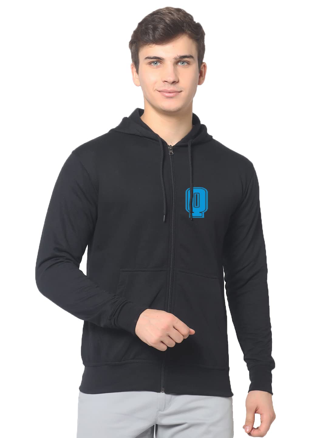 BLACKSMITH Classic Letter Q Hoodie Sweatshirt for Men with Fleece Lining |Zippered Sweater with Hood for Winter | Jacket with Zip and Pockets