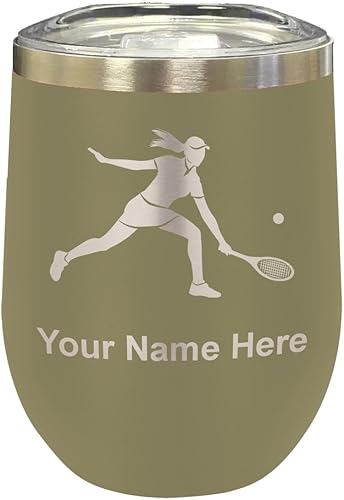 Miniatura 9 de LaserGram Vaso de vino de acero inoxidable de doble pared, mujer jugadora de tenis, grabado personalizado incluido (negro)