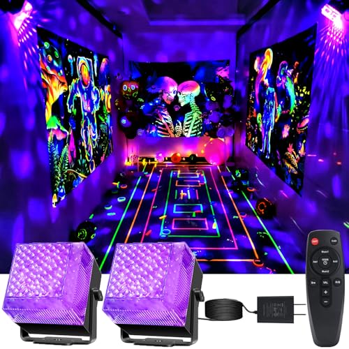 2 in 1 Halloween Party Lights, Strobe Light Halloween Sound Activated with Remote Control uv Black Lights for Glow Party, Disco Ball Light for Halloween Xmas Birthday Party Home Decorations, 2 Pack