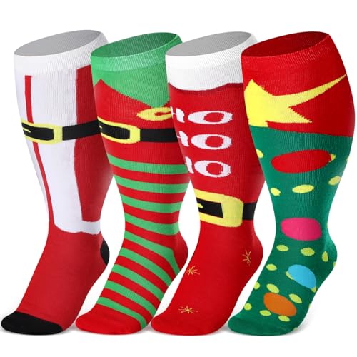Geyoga 4 Pairs Christmas Plus Size Compression Sock Wide Calf for Women Men 15-25 mmHg Extra Large Size Knee Support Sock(Dwarf and Christmas Tree)
