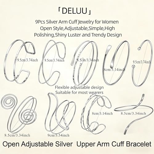 DELUU 9PCS Thin Silver Wire Arm Cuff Bracelet,Upper Arm Cuff Bracelet Set by Generic - Used condition - Image 2