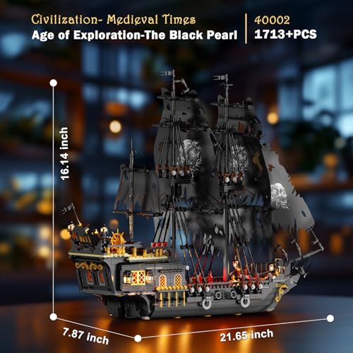 Image of JMBricklayer Pirate Ship Building Toys with Lights, Pearl Pirate Ship Model Boat Kit 40002, Black Ship Toy Building Sets for Adult Teens 14+, Home Office Decor Valentines Gifts(1713 PCS) New Upgrade