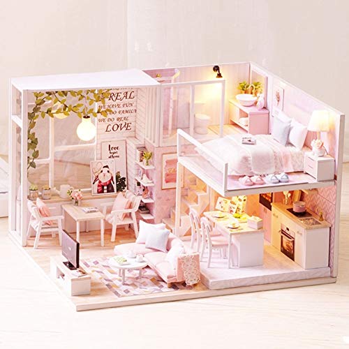 Puppenhaus Miniatur mit Möbeln, Maßstab 1: 24 Wooded DIY Puppenhaus Kit Pink Sweet Cute Modern Loft Modell Romantische Kunstwerk Lernspielzeug Geburtstagsgeschenk für Mädchen – Bild 7