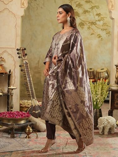 Image of INDO ERA Women's Purple Silk Blend Woven Design Straight Kurta and Pant with Dupatta Set (IESTR5599)