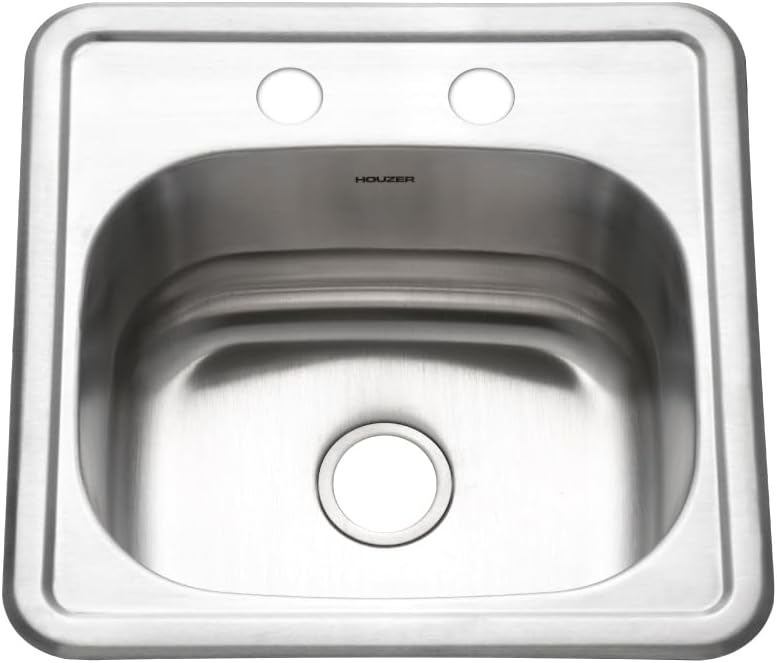 Houzer Hospitality Stainless Steel Bar & Prep Sink: 15 Inch Drop-In Topmount 2-Hole Sink for Bar & Kitchen, Durable & Versatile, Essential for Home & Apartment: 1515-6BS-1