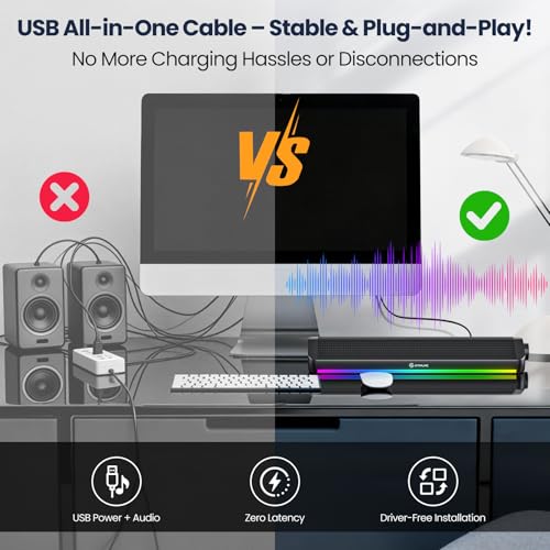 Image of Tylubio Computer Speakers for Desktop, HiFi Stereo PC Soundbar with Dynamic RGB Lighting, USB & Type-C Plug&Play, Volume Control Knob, Wired Speakers for Gaming, Laptop, Monitor, Office Black