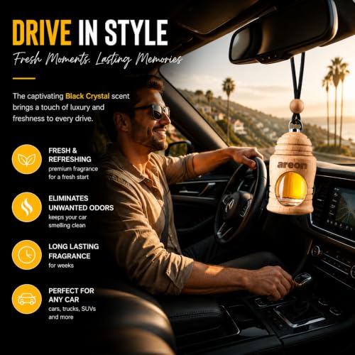 Image of AREON Fresco Premium Hanging Car Air Freshener, Black Crystal, Pack of 1 | Premium Wooden Hanging Car Air Freshener with an Elegant, Compact Design. Suitable for Use in Cars, Suvs, Vans, and Trucks.