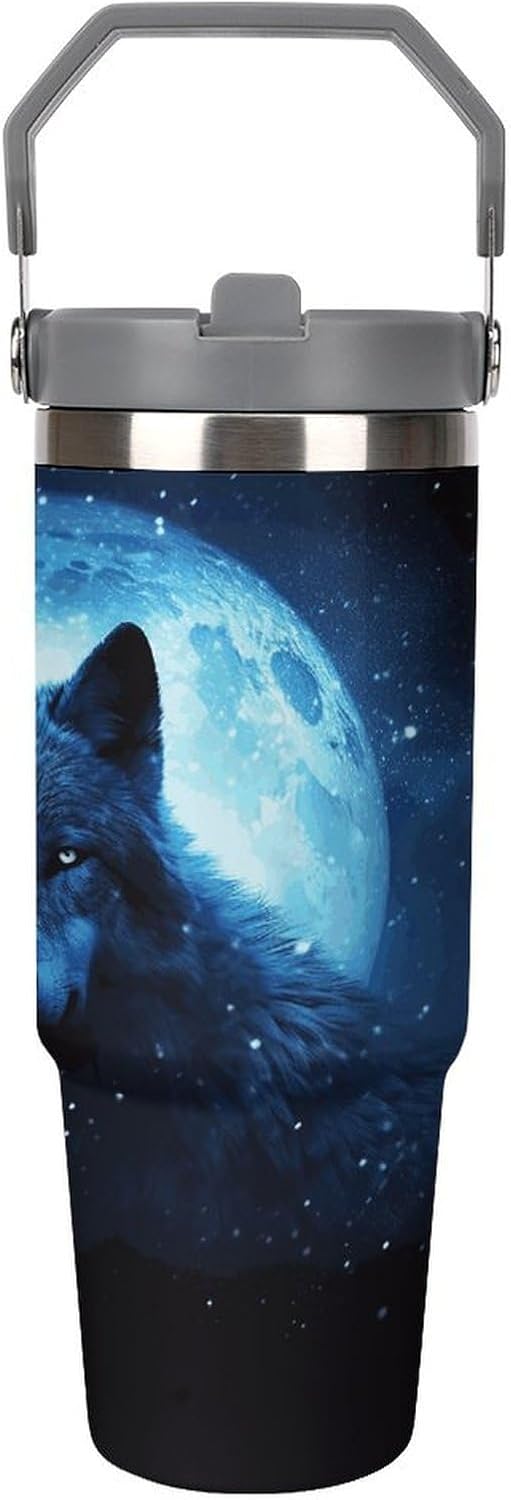 Wolfs Water Bottle 30 Oz Fits Car Cup Holder,Insulated Coffee Mug Large Capacity Car Cups,Stainless Steel Double Wall Sport Bottle for Travel Sports Gym