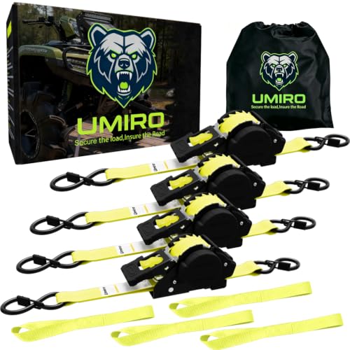 Image of Retractable Ratchet Straps, 4-Pack, 1 Inch x 12 Feet Heavy Duty Tie Downs, 1760lb Break Strength, Self Retracting for Truck, Cargo, Trailer, Motorcycle, ATV, UTV (Yellow, 4pack)