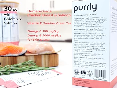 Image of Purrly Hydrating Wet Cat Treat Snack Topper Creamy Puree Human-Grade Chicken Breast & Salmon with Omega-3 & 6 for Skin & Coat (30 Count) Healthy Lickable Squeeze Soft Training Snack Low-Phosphorus