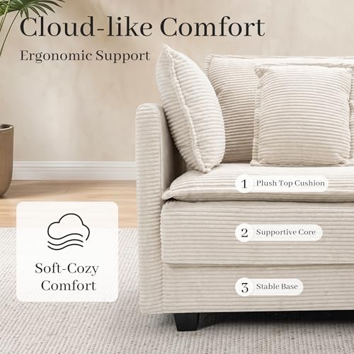 Image of Corduroy Sectional Couch, 4 Seater 149.2 inch Cloud Couch, Modular Deep Seat Sofa with Pillows for Living Room, Apartment, Beige
