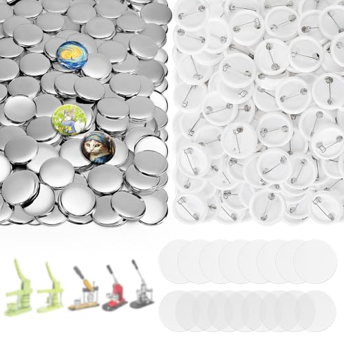 KUNTAERY 200 Sets 1.25 Inch Button Maker Supplies 32mm Round Badge Parts with Metal Covers Plastic Pin Backs Clear Film & Blank Paper Perfect for Button Maker Machine & Badge Press