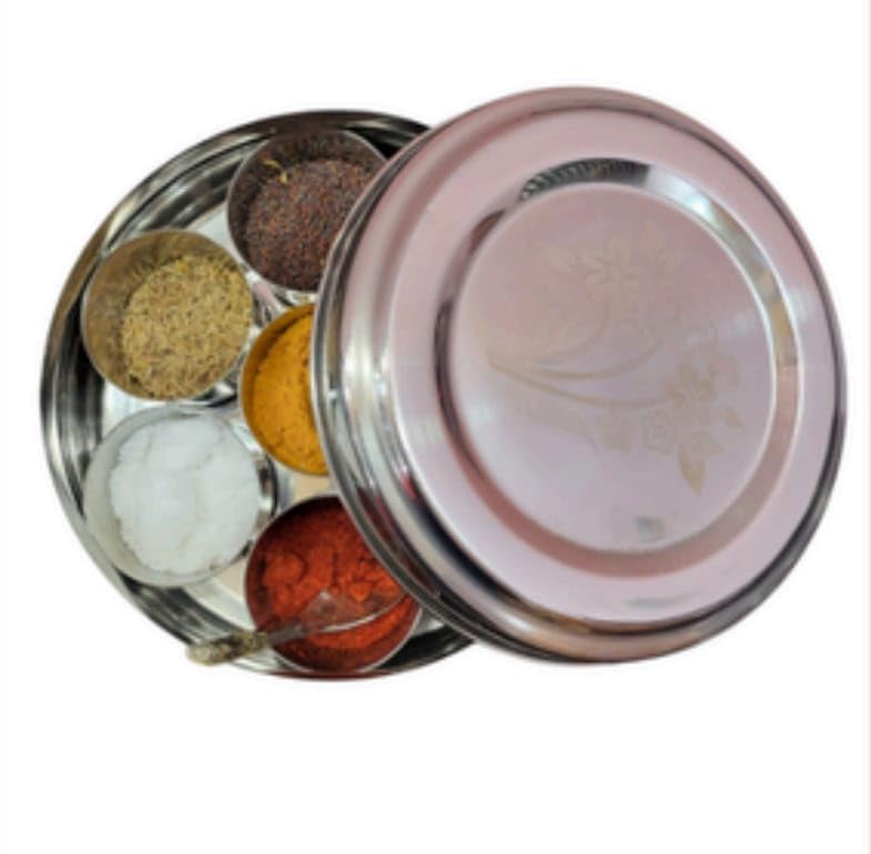 Image of MK Stainless Steel Indian Spice Box, Masala Dabba with 7 Containers