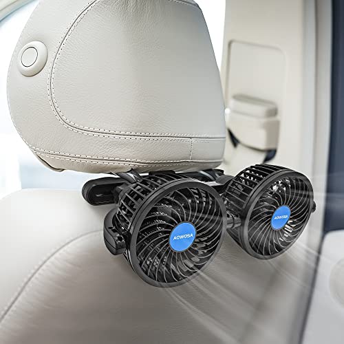 AOWOSA Car Fan for Backseat Auto 12V Electric Cooling Fan Portable Car Seat Headrest Fan for Sedan SUV RV Boat, with 360° Rotatable Dual Head, Stepless Speed Regulation, Cigarette Lighter Plug