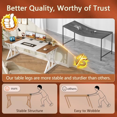 Image of 55 inch Large Computer Desk with Thickened Frame for Home Office, Living Room | Modern Simple Executive Desk, Larger Gaming Desk with X-Shaped ReInchforcement, Brown /White