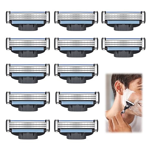 12 Piezas Cuchillas de Afeitar, Hojas de Afeitar Turbo Cuchilla de Recambio Cuchilla Manuales 3 Cuchillas Profesional Laminas de Barbear con Doble Tira de Lubricación para Padre Novio Diario Recargas