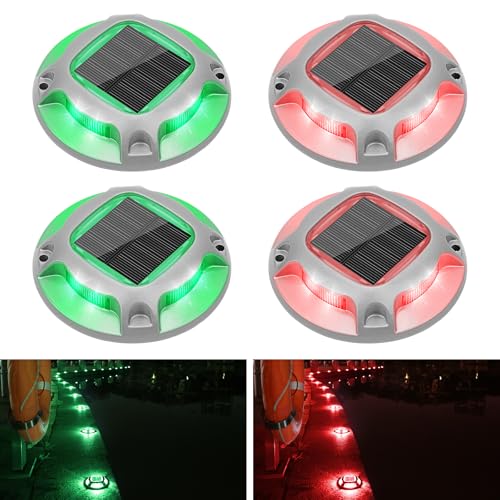 VOLISUN Christmas Solar Driveway Lights Dock Marine Lights 4 Pack 2 Colors in 1 Outdoor LED Deck Lights Solar Powered Waterproof Warning Step Lights for Driveway Sidewalk Pathway (Red/Green)