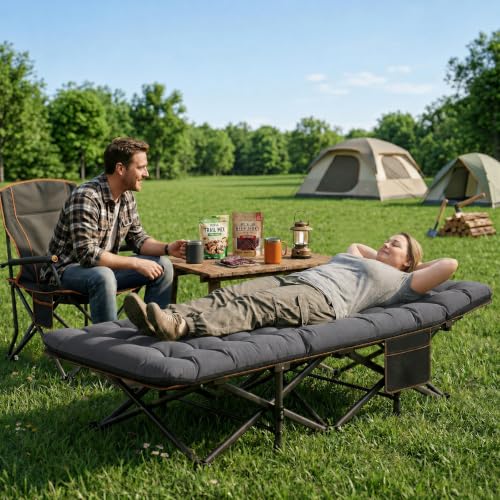 Image of ABORON Oversized Camping Cot for Adults, 900 lbs Heavy Duty Folding Camping Bed with Mattress Pad, 78 x 32 in XXL Outdoor Cot, 1200D Oxford Portable Sleeping Cot with Carry Bag for Camping