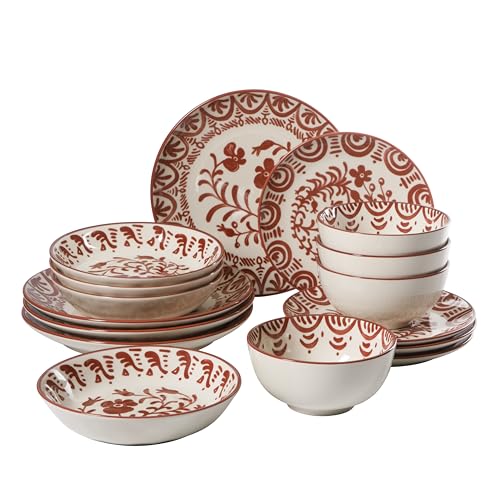 Image of Bloomhouse - 2-Time Oprah's Favorite Things - Valencia Flor 16 Piece Dinnerware Set, Artisanal Decorated Stoneware Plates & Bowls, Service for 4, Microwave & Dishwasher Safe, Pomegranate Red