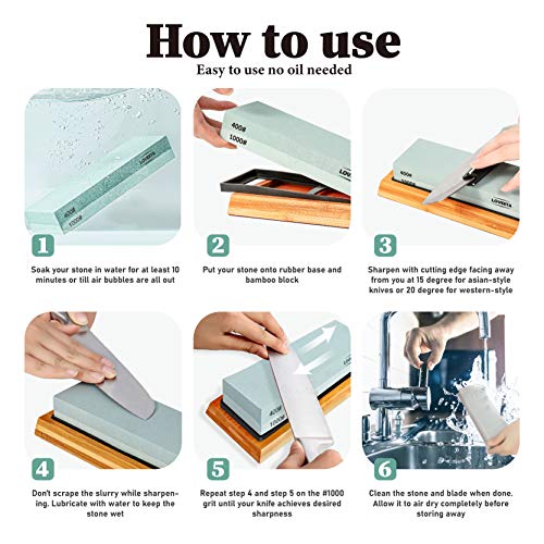 LOVEETA Sharpening Stone Whetstone Knife Sharpener - Wet Stones Kit Premium Dual Side Grit 400/1000 3000/8000 Waterstone Set with Non Slip Bamboo Base, Flattening Stone and Angle Guide - Thumbnail 4