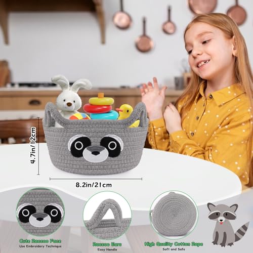 Image of Small Storage Basket for Nursery,Raccoon Storage Basket Round Woven Rope | Cotton Storage, Baby Blanket 0rganizer with Ears Handles, Animal Blanket Towel Decor Storage Bins, 8.2 inchD x 4.7 inchH in