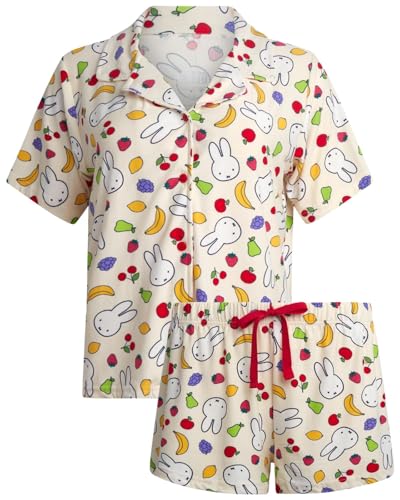 COCO BRANDS Miffy Womens Pajama Sets - 2 Piece Soft Button Down Sleep Shirt with Matching Pajama Pants or Pajama Shorts Size X-Large Cream Fruit Toss Miffy