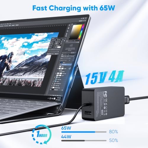 65W Surface Pro Charger Compatible with Microsoft Surface 10,9,8,7+,7,6,5,4,3,X, Windows Surface 6,5,4,3,2,1,Studio, Surface Go 3,2,1, Book 3,2,1, Support 44W 36W Laptop 10FT Power Cord - 3