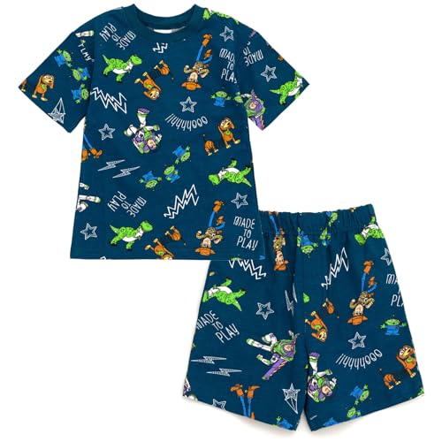 Disney Toy Story Toddler Boys Allover Print French Terry Short Sleeve Tee and Shorts Outfit Teal 3T
