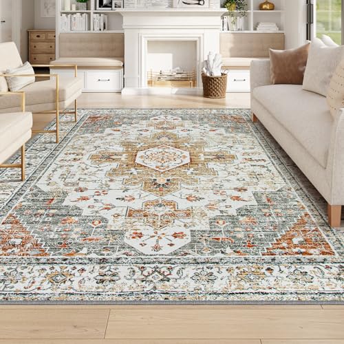 Moynesa Ultra-Thin Vintage Area Rug 6x9, Large Living Room Rugs for Bedroom Aesthetic, Washable Carpet for Under Dining Room Table, Oriental Medallion Printed Low Pile Mat for Office Playroom Dorm