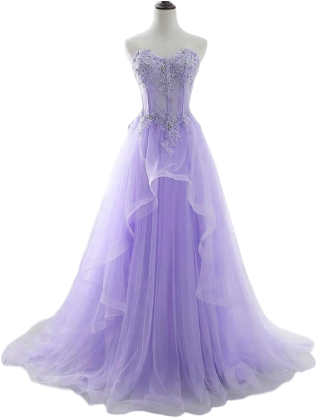 Women's Sheer Waist Fishbone Symmetrical Peplum Long Prom Dress