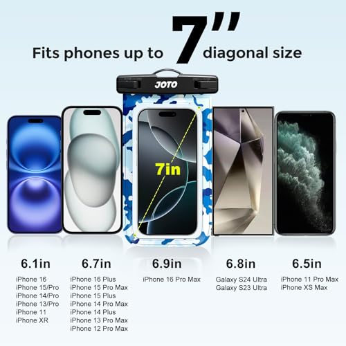 Image of JOTO Up to 7 inch Universal Waterproof Phone Case for iPhone 17 Air 16 15 14 13 12 11 Plus Pro Max, IPX8 Cellphone Dry Bag XR X SE, Galaxy S23 S22 S21 S20+ S20 S10 Plus Note, Pixel -CamoBlue