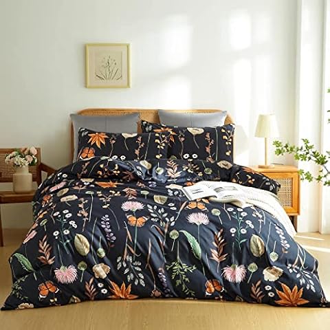 Sedefen Floral Duvet Cover Set Full, 3 Pcs Soft Microfiber Black Duvet Cover with Pink Floral Colorful Botanical Yellow Butterfly Printed Bedding Set with Zipper Ties (No Comforter) Cover