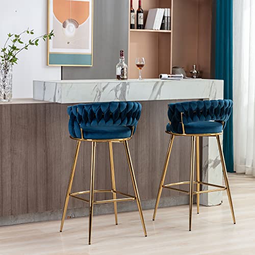 Goolon Velvet Barstool Set Of 2 Woven Backrest Chair For Kitchen Counter Modern Bar Stool Soft Cushion With Golden Legs For Dining Kitchen Pub Blue #TOP4