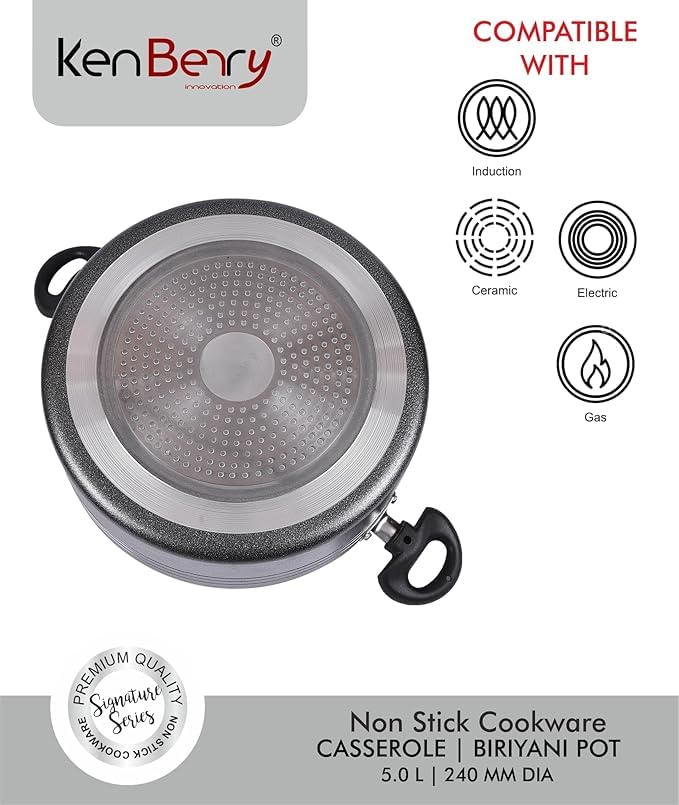 Image of KenBerry Signature Granite Finish Non Stick Casserole Biryani Pot | Stew Pot | 24 cm Diameter 5 L Capacity with Glass Lid (Aluminium, Induction Base, Nonstick)