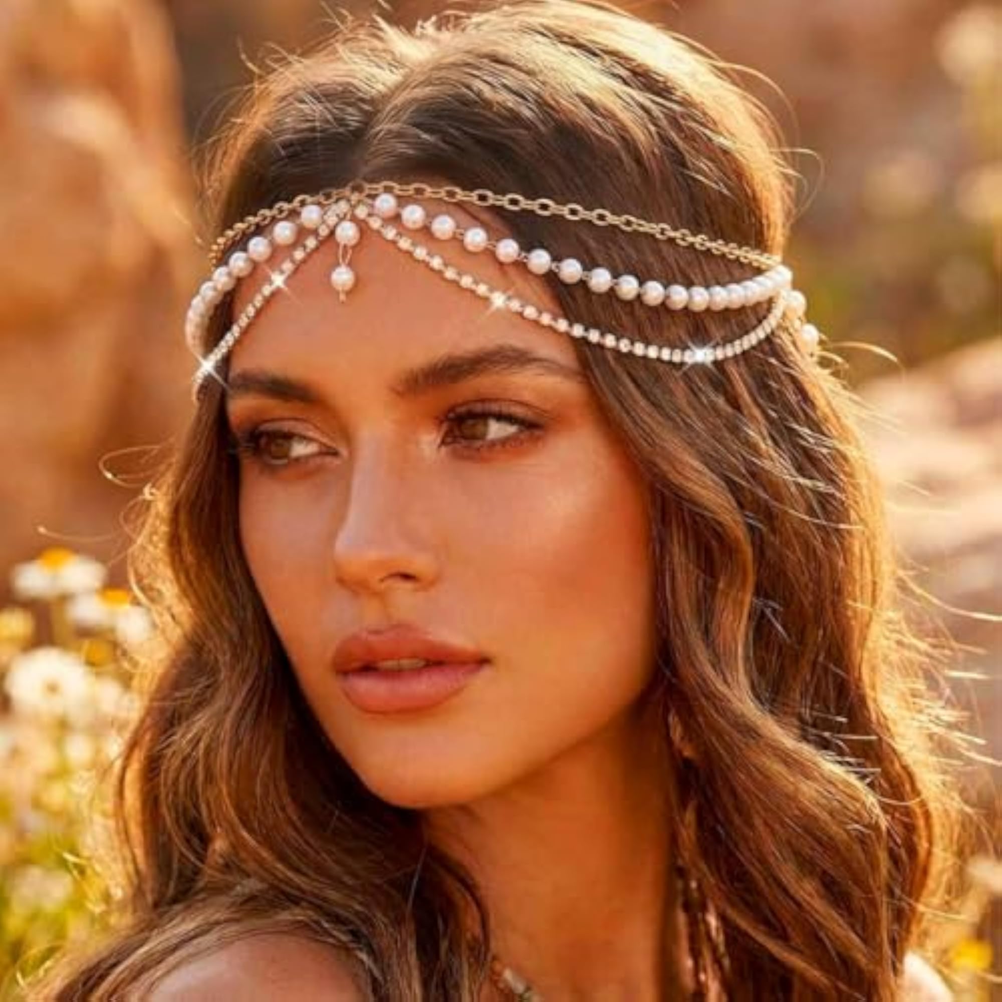 1pc Elegant Boho Pearl Head Chain Jewelry Headpiece
