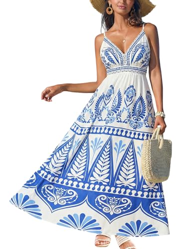 Image of CUPSHE Women's Summer Dresses Casual Spring V Neck Sleeveless Floral Beach Vacation Long Spaghetti Strap Flowy Maxi Dress