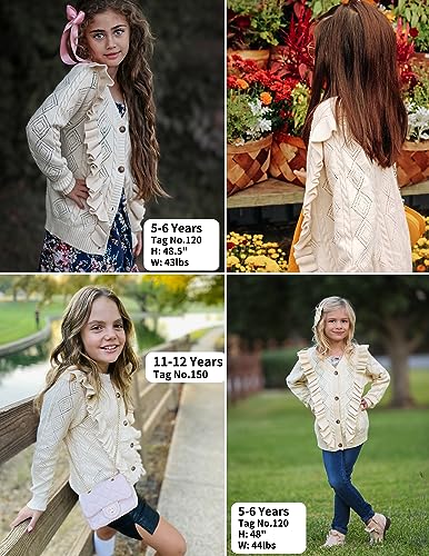 Arshiner Kids Cardigan Kawaii Ruffled Trim Cardigan Button Front Knitted Cardigan Christmas V-Neck Preppy Sweater Pointelle Sweaters Aesthetic Beige For 5-6 Years #TOP5