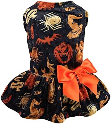 Fitwarm Halloween Lightweight Velvet Clothes Dog Costume Puppy Dress Doggie Party Girl One Piece with Bowknot Holiday Cat Outfits Black X-Small