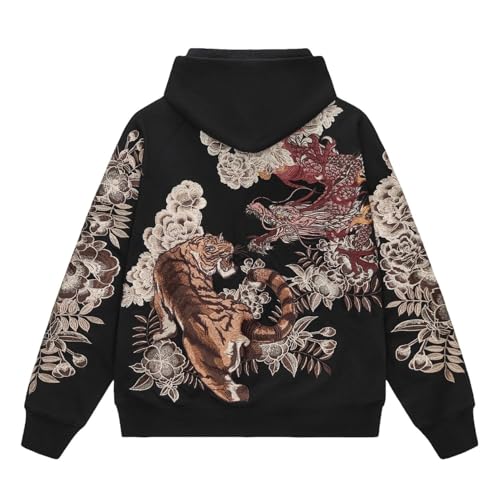 Sweat à capuche zippé brodé dragon vêtement streetwear ample pour homme