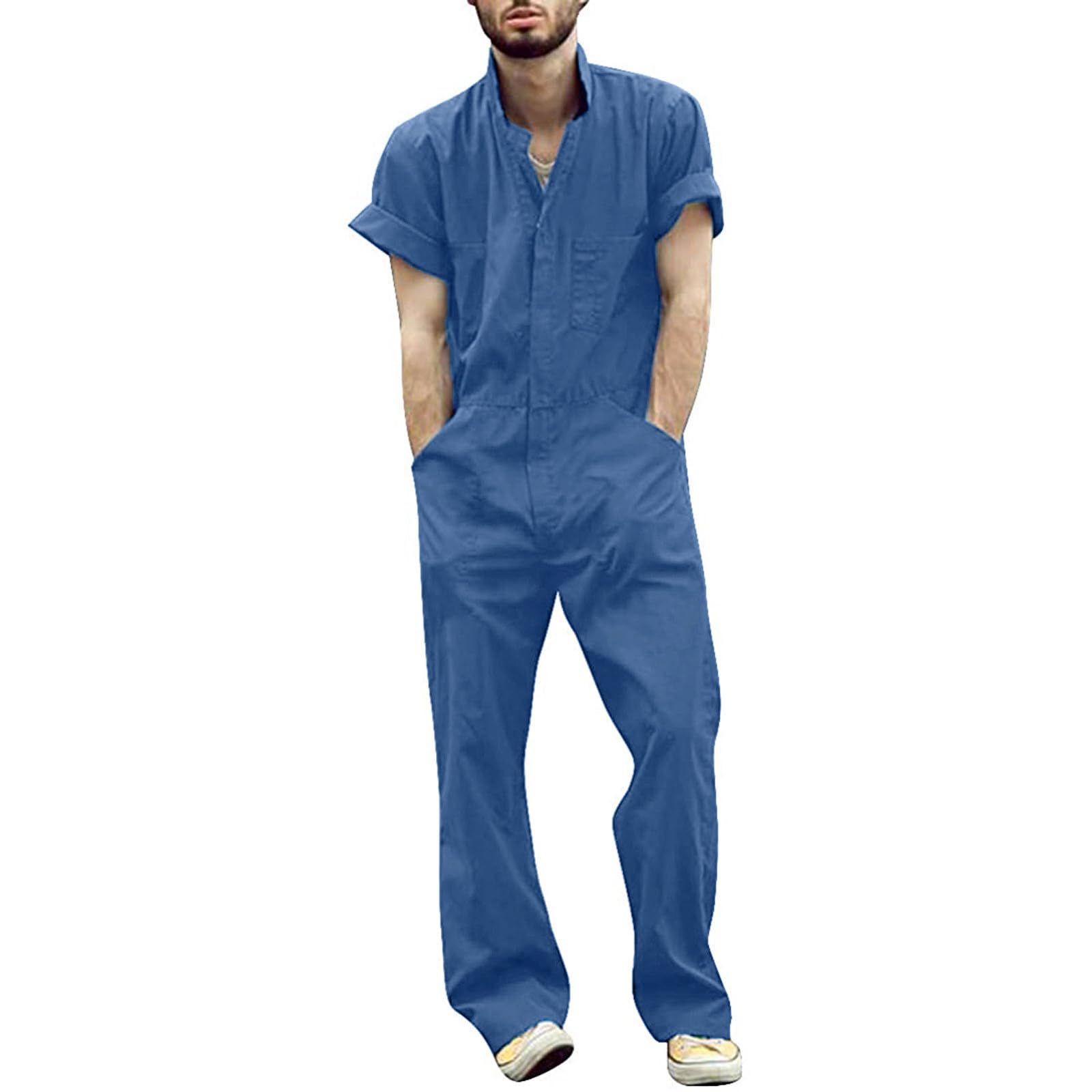 Tuta da lavoro da uomo, a maniche corte, con chiusura lampo, vestibilità larga, da uomo, leggera, da lavoro, estiva