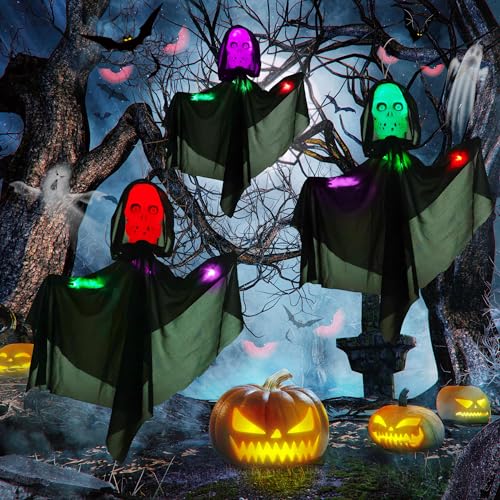 LYHOPE Halloween Outdoor Decorations Lights, 3 Pack Halloween Skeleton Skull Lights, Black Ghost Hanging Lights, Waterproof Battery Stake Ghost Lights with Timer for Pathway,Garden,Grave,Party Decor