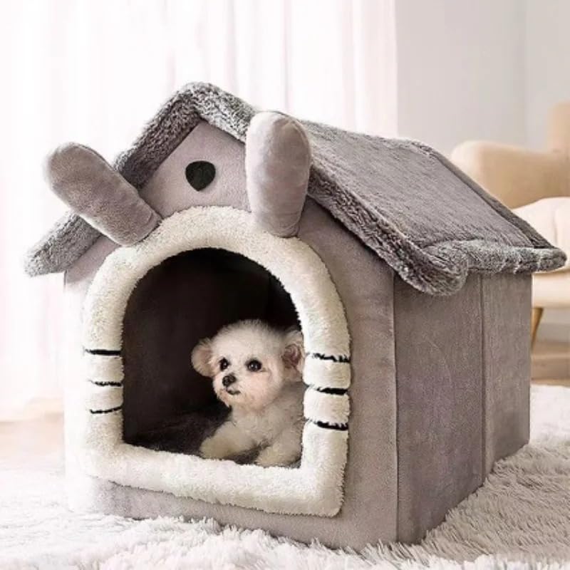 All Seasons Warm Washable Cat Dog House Indoor Soft Removable Cushion Pet Bed Kennel for Small Medium Pets Durable Pet Supplies (Grey, Medium)