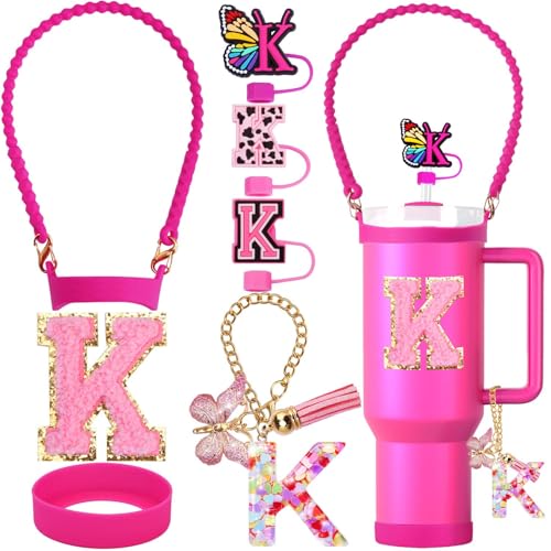 ZYBIDEAL 8PCS Accessories Set for Stanley Cup, 3PCS 0.4 IN Letter Straw Cover, 1PC Silicone Bottle Handle, 1PC Boot for Stanley 30&40 Oz, 1PC Initial Charm, 1PC Initial Sticker (Letter K, Rose)