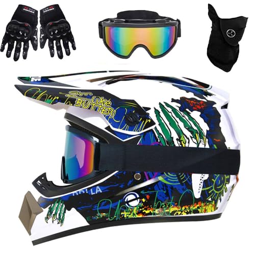 Casco ATV Per Ragazzi con Visiera, Per Moto da Cross Elettrica, Per Bambini Dagli 8 Ai 14 Anni, Casco da Motocross Con Occhiali, Guanti E Maschera, BMX, Mountain Bike, Omologato DOT(905 white claw,XL