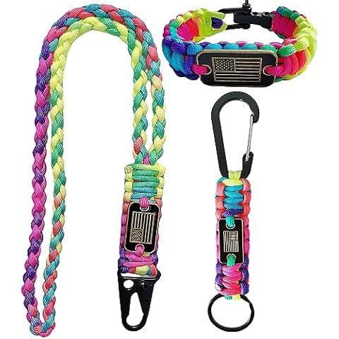 Heavy Duty Paracord Set - Lanyard Necklace, Carabiner Keychain, and Tactical Survival Bracelet for Men and Woman with Bronze USA Flag（Rainbow） Cover